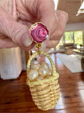 Chefanie Basket of Pearls Earrings in Natural Woven  Basket